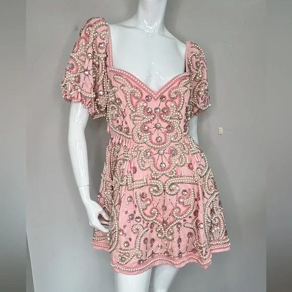 NWT ASOS Luxe pearl embellished puff sleeve caged mini dress in pink Sz 6(US) - Picture 3 of 16